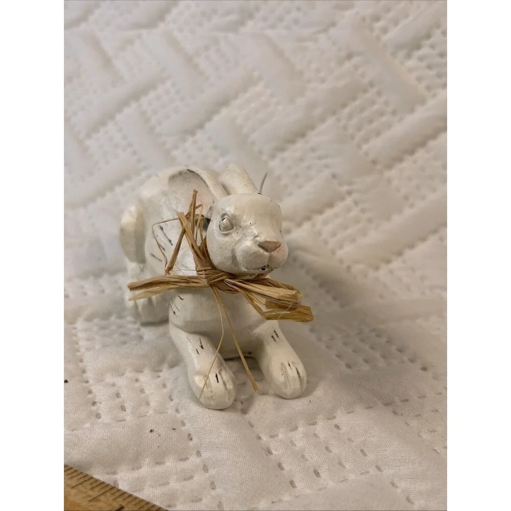 Resting Bunny Rabbit Easter Decor Statue Faux Wood Look Resin Farmhouse Country